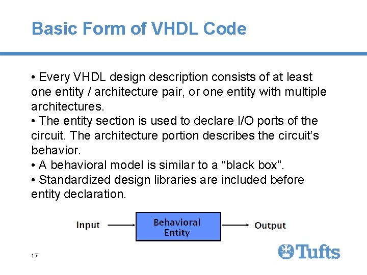 Basic Form of VHDL Code • Every VHDL design description consists of at least Basic Form of VHDL Code • Every VHDL design description consists of at least