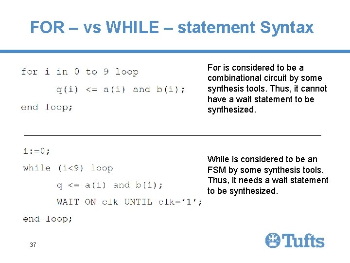 FOR – vs WHILE – statement Syntax For is considered to be a combinational FOR – vs WHILE – statement Syntax For is considered to be a combinational