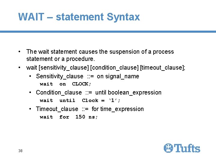 WAIT – statement Syntax • The wait statement causes the suspension of a process WAIT – statement Syntax • The wait statement causes the suspension of a process