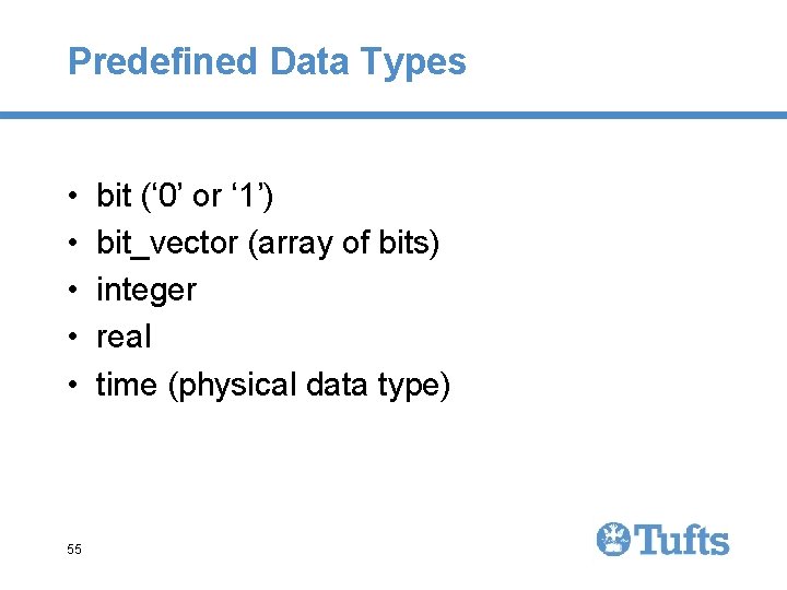 Predefined Data Types • • • 55 bit (‘ 0’ or ‘ 1’) bit_vector Predefined Data Types • • • 55 bit (‘ 0’ or ‘ 1’) bit_vector