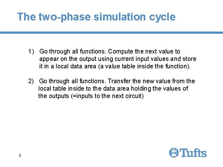 The two-phase simulation cycle 1) Go through all functions. Compute the next value to The two-phase simulation cycle 1) Go through all functions. Compute the next value to