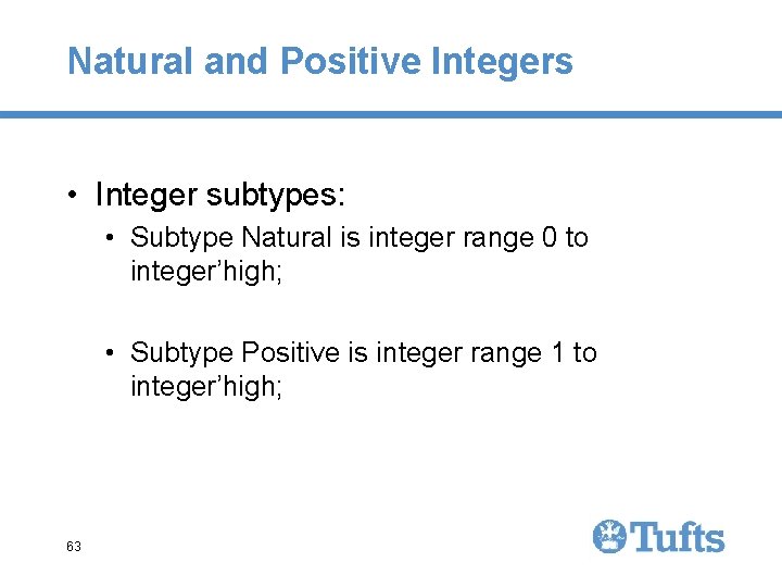 Natural and Positive Integers • Integer subtypes: • Subtype Natural is integer range 0 Natural and Positive Integers • Integer subtypes: • Subtype Natural is integer range 0