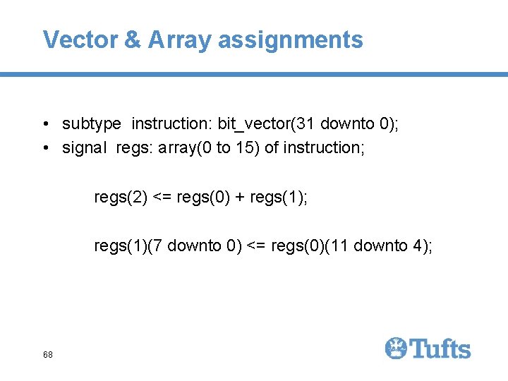 Vector & Array assignments • subtype instruction: bit_vector(31 downto 0); • signal regs: array(0 Vector & Array assignments • subtype instruction: bit_vector(31 downto 0); • signal regs: array(0