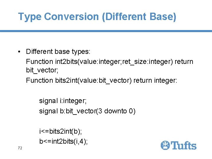 Type Conversion (Different Base) • Different base types: Function int 2 bits(value: integer; ret_size: Type Conversion (Different Base) • Different base types: Function int 2 bits(value: integer; ret_size: