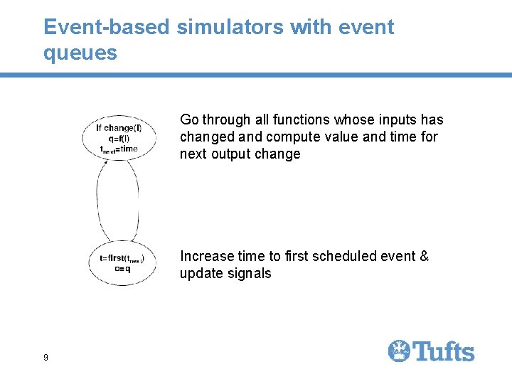 Event-based simulators with event queues Go through all functions whose inputs has changed and Event-based simulators with event queues Go through all functions whose inputs has changed and