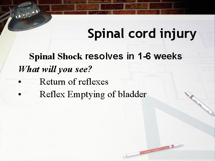 Spinal cord injury Spinal Shock resolves in 1 -6 weeks What will you see?
