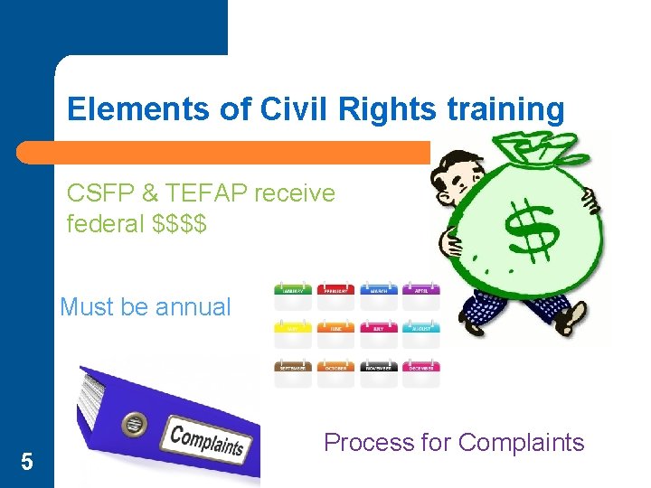 Elements of Civil Rights training CSFP & TEFAP receive federal $$$$ Must be annual