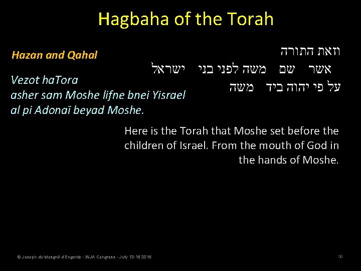 Hagbaha of the Torah וזאת התורה אשר שם משה לפני בני ישראל Vezot ha.