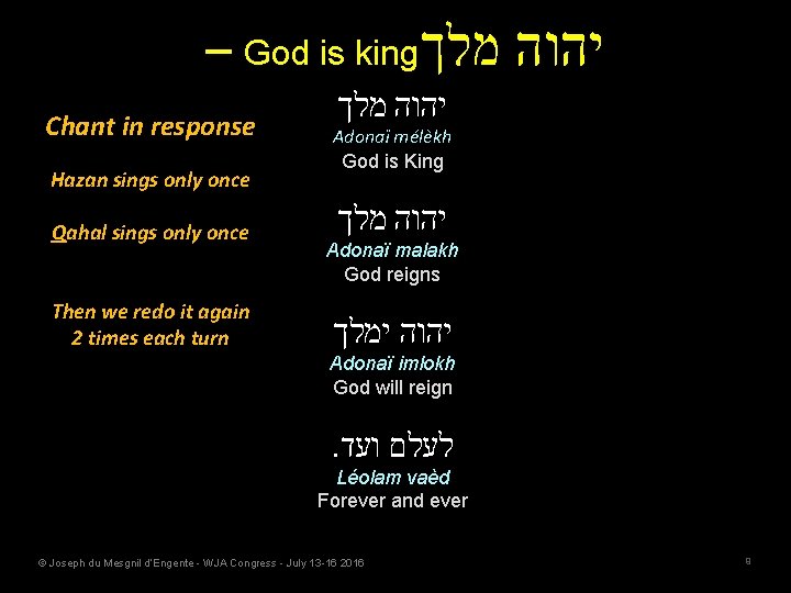 – God is king מלך Chant in in response Hazan sings only once Qahal