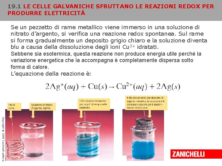 19. 1 LE CELLE GALVANICHE SFRUTTANO LE REAZIONI REDOX PER PRODURRE ELETTRICITÀ Se un