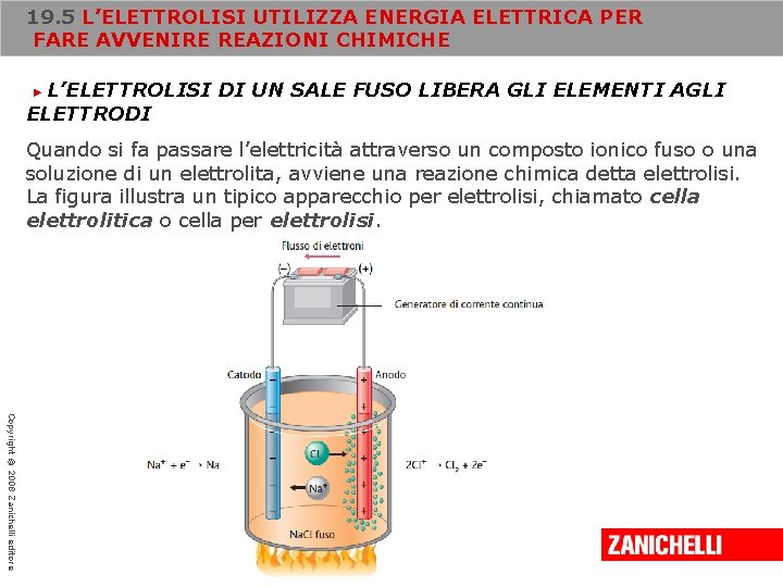 19. 5 L’ELETTROLISI UTILIZZA ENERGIA ELETTRICA PER FARE AVVENIRE REAZIONI CHIMICHE L’ELETTROLISI DI UN