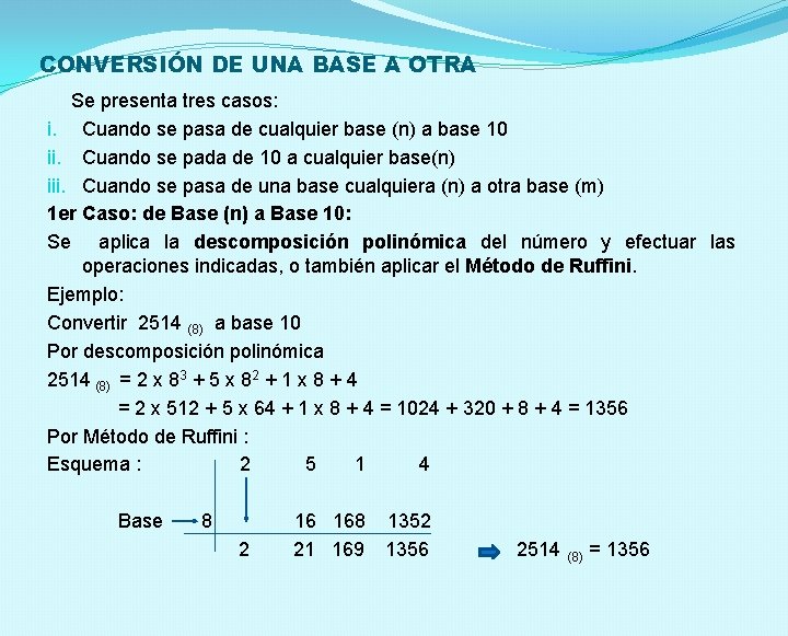 CONVERSIÓN DE UNA BASE A OTRA Se presenta tres casos: i. Cuando se pasa