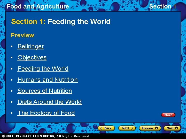 Food and Agriculture Section 1: Feeding the World Preview • Bellringer • Objectives •