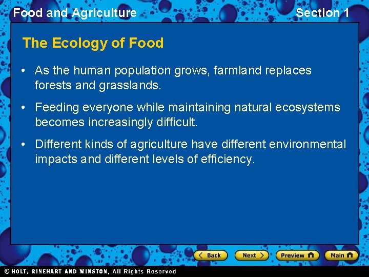 Food and Agriculture Section 1 The Ecology of Food • As the human population