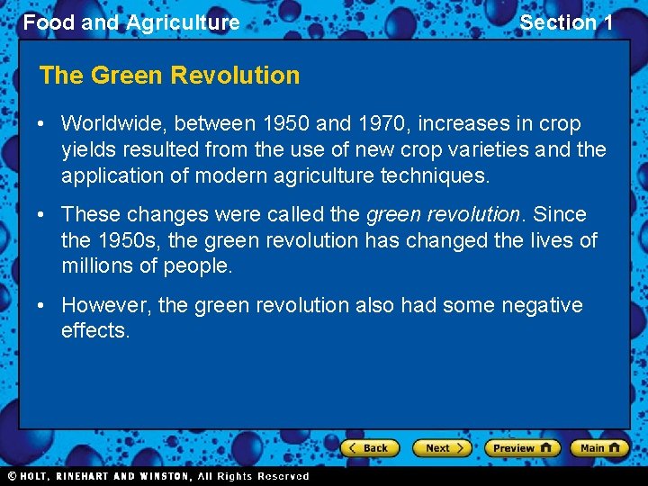 Food and Agriculture Section 1 The Green Revolution • Worldwide, between 1950 and 1970,