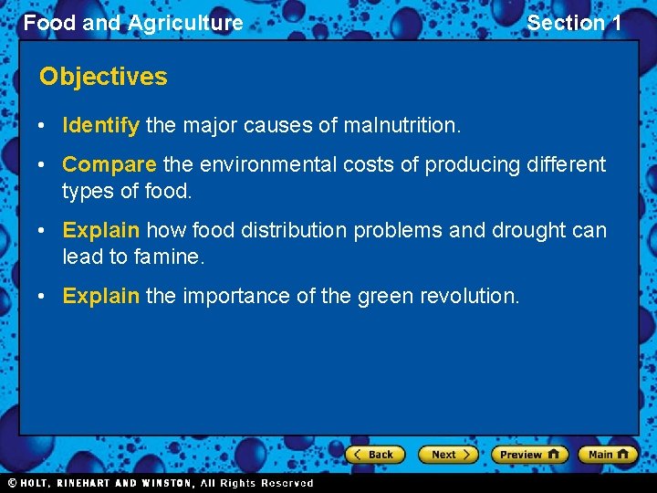 Food and Agriculture Section 1 Objectives • Identify the major causes of malnutrition. •