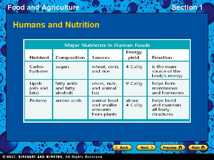 Food and Agriculture Humans and Nutrition Section 1 