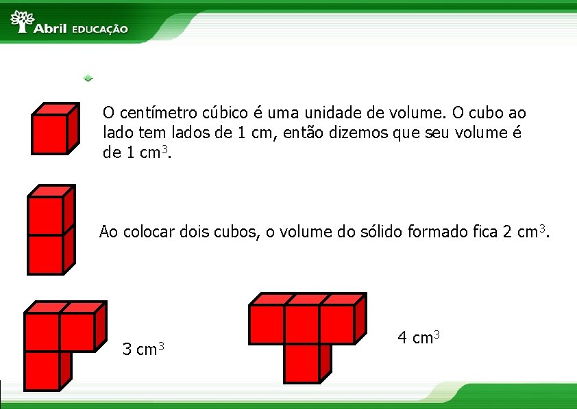 O centímetro cúbico é uma unidade de volume. O cubo ao lado tem lados