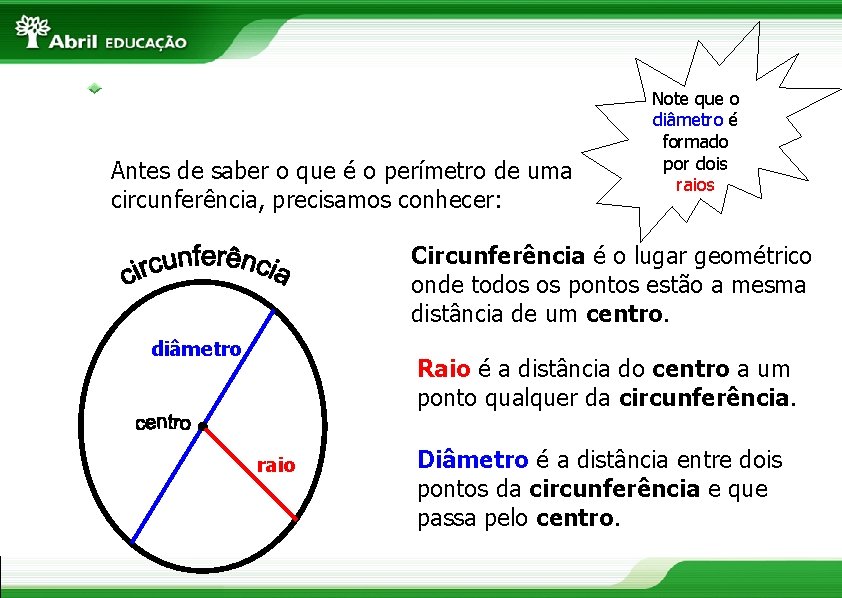 Antes de saber o que é o perímetro de uma circunferência, precisamos conhecer: Note