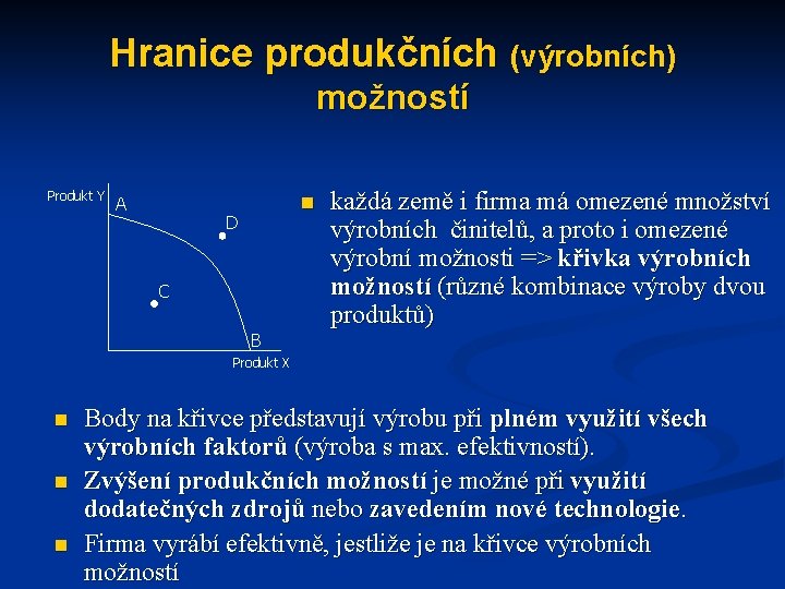 Hranice produkčních (výrobních) možností Produkt Y A n D C B každá země i