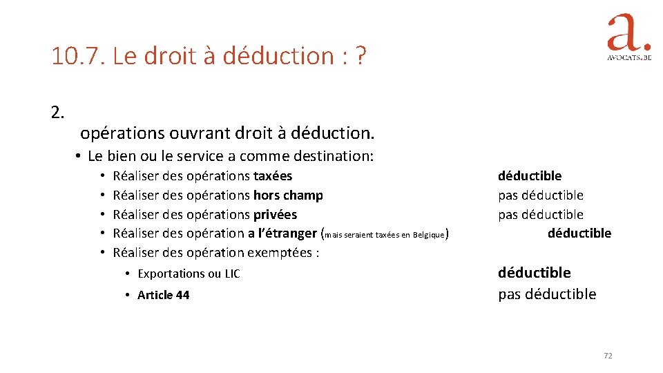 10. 7. Le droit à déduction : ? 2. opérations ouvrant droit à déduction.