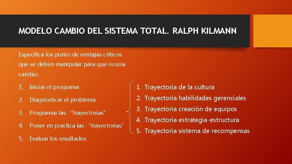 MODELO CAMBIO DEL SISTEMA TOTAL. RALPH KILMANN Especifica los punto de ventajas críticos que MODELO CAMBIO DEL SISTEMA TOTAL. RALPH KILMANN Especifica los punto de ventajas críticos que