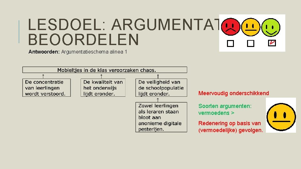 LESDOEL: ARGUMENTATIE BEOORDELEN Antwoorden: Argumentatieschema alinea 1 Meervoudig onderschikkend Soorten argumenten: vermoedens > Redenering