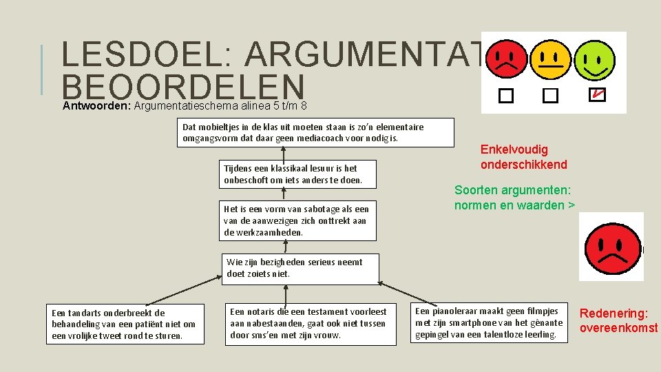 LESDOEL: ARGUMENTATIE BEOORDELEN Antwoorden: Argumentatieschema alinea 5 t/m 8 Dat mobieltjes in de klas