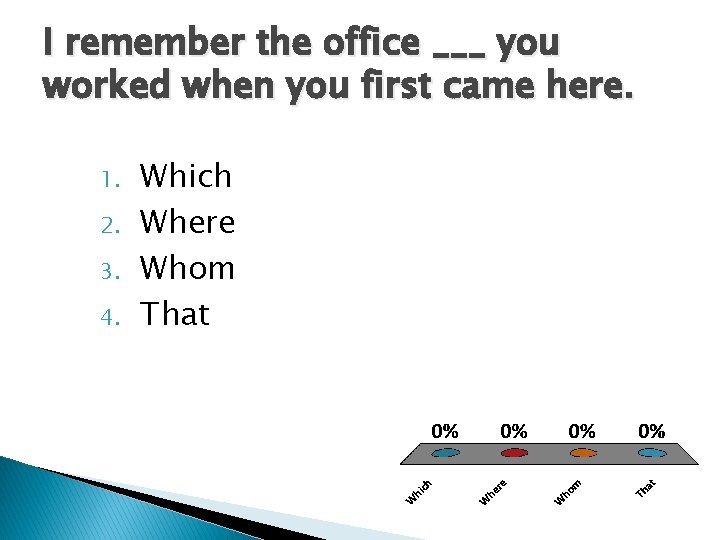 I remember the office ___ you worked when you first came here. 1. 2.