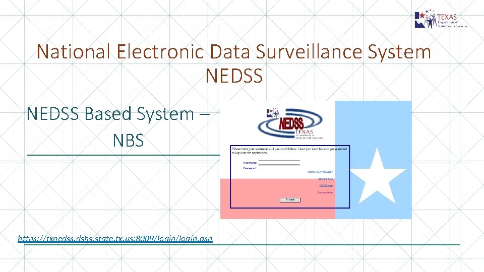 National Electronic Data Surveillance System NEDSS Based System – NBS https: //txnedss. dshs. state.