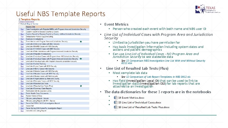 Useful NBS Template Reports • Event Metrics • Person who created each event with