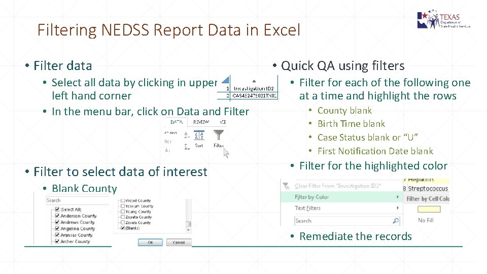 Filtering NEDSS Report Data in Excel • Filter data • Select all data by