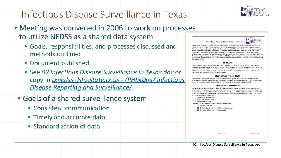 Infectious Disease Surveillance in Texas • Meeting was convened in 2006 to work on