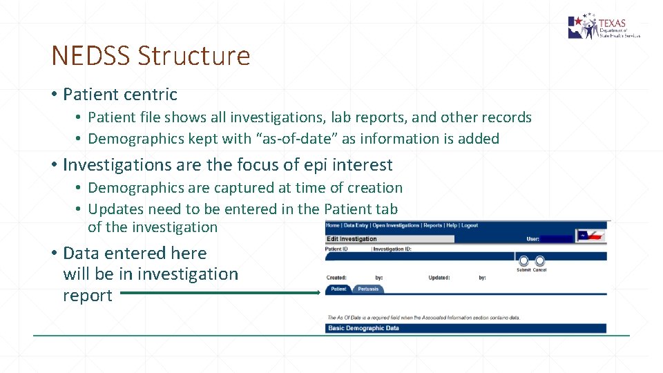 NEDSS Structure • Patient centric • Patient file shows all investigations, lab reports, and