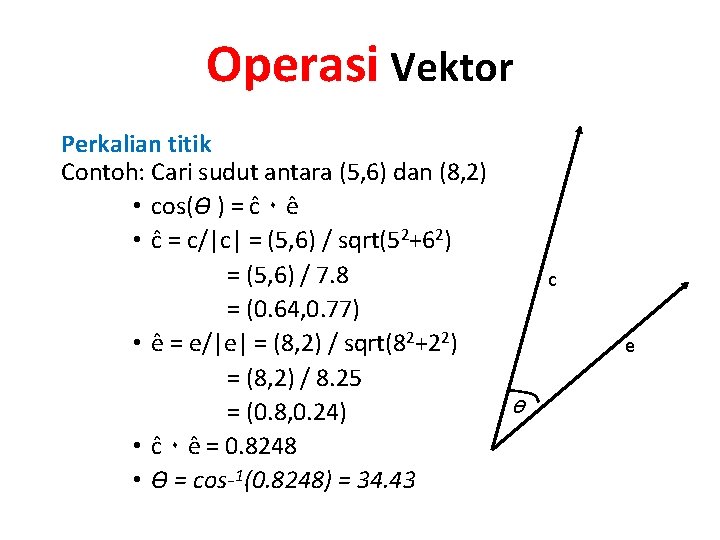 Operasi Vektor Perkalian titik Contoh: Cari sudut antara (5, 6) dan (8, 2) •