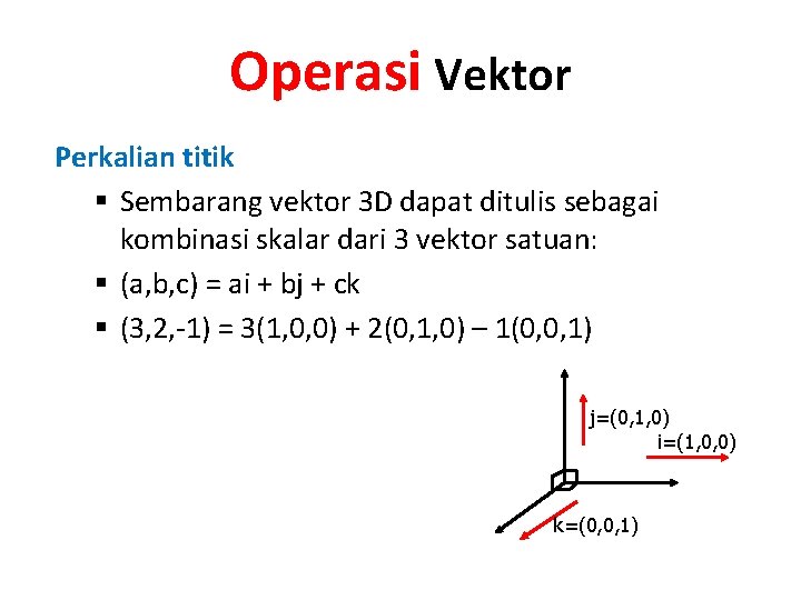 Operasi Vektor Perkalian titik § Sembarang vektor 3 D dapat ditulis sebagai kombinasi skalar