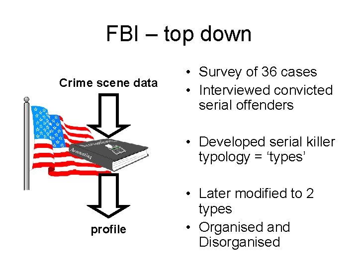 FBI – top down Crime scene data • Survey of 36 cases • Interviewed