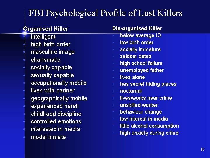 FBI Psychological Profile of Lust Killers Organised Killer • intelligent • high birth order