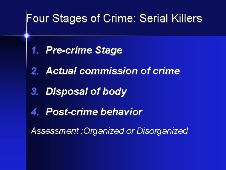 Four Stages of Crime: Serial Killers 1. Pre-crime Stage 2. Actual commission of crime