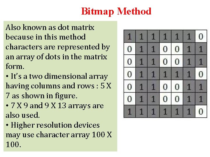 Bitmap Method Also known as dot matrix because in this method characters are represented