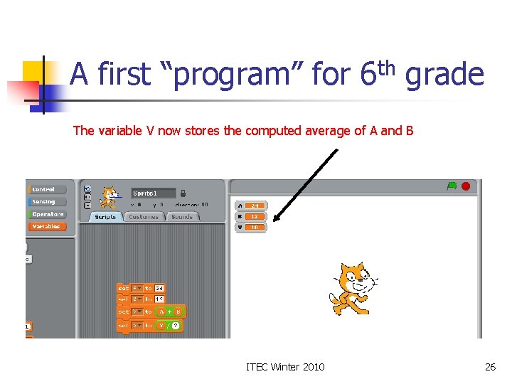 A first “program” for 6 th grade The variable V now stores the computed