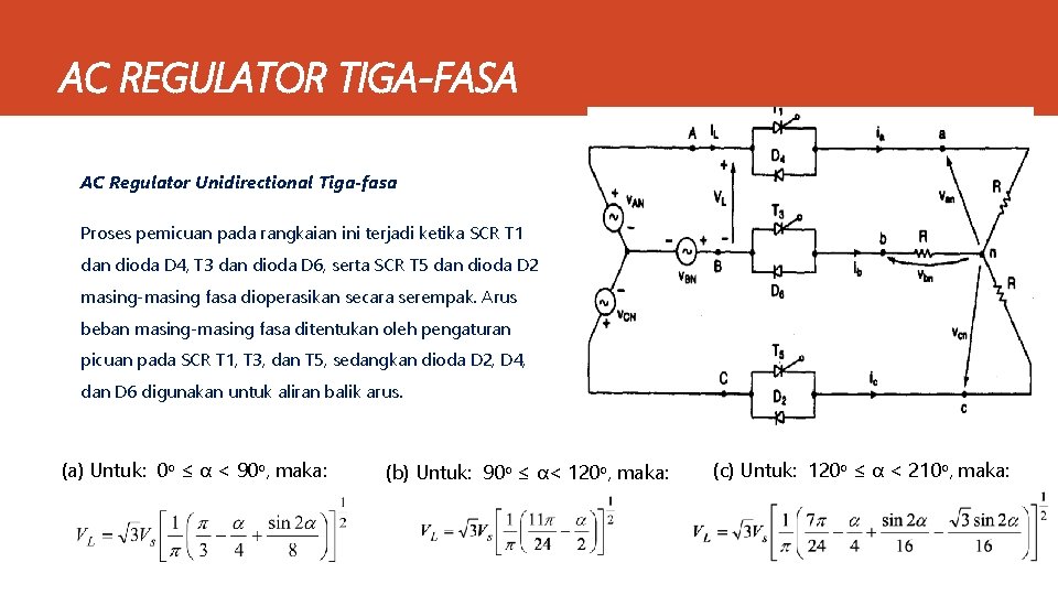 AC REGULATOR TIGA-FASA AC Regulator Unidirectional Tiga-fasa Proses pemicuan pada rangkaian ini terjadi ketika