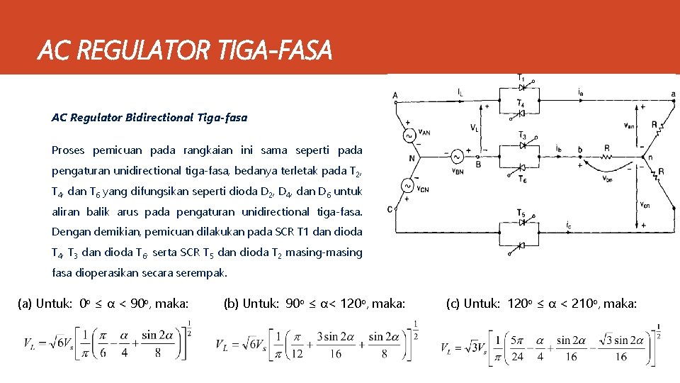 AC REGULATOR TIGA-FASA AC Regulator Bidirectional Tiga-fasa Proses pemicuan pada rangkaian ini sama seperti