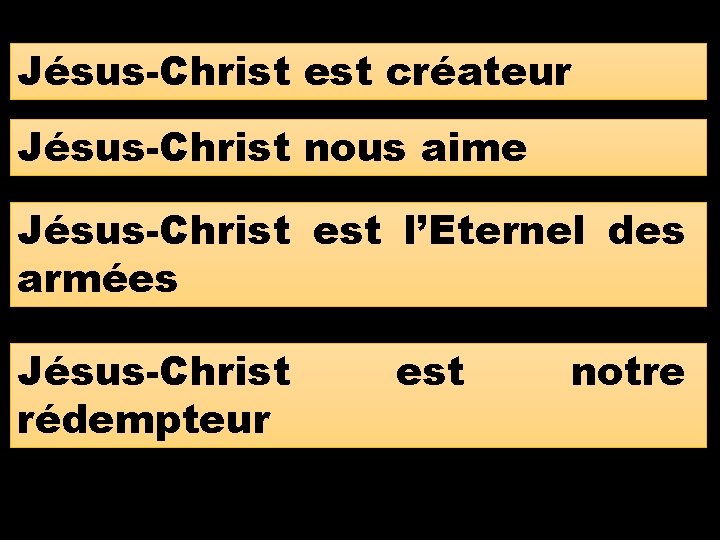 Jésus-Christ est créateur Jésus-Christ nous aime Jésus-Christ est l’Eternel des armées Jésus-Christ rédempteur est