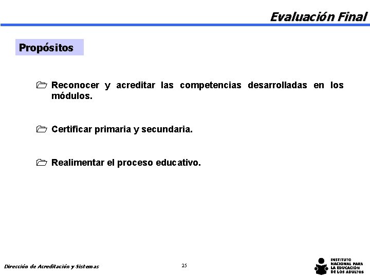 Evaluación Final Propósitos 1 Reconocer y acreditar las competencias desarrolladas en los módulos. 1