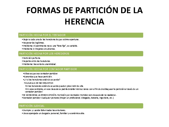 FORMAS DE PARTICIÓN DE LA HERENCIA PARTICIÓN HECHA POR EL TESTADOR • Dejar a