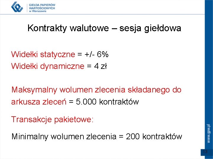 Kontrakty walutowe – sesja giełdowa Widełki statyczne = +/- 6% Widełki dynamiczne = 4