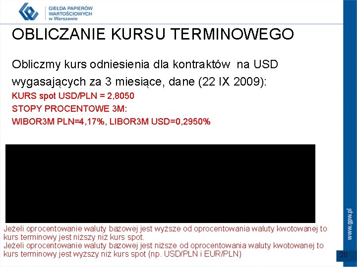OBLICZANIE KURSU TERMINOWEGO Obliczmy kurs odniesienia dla kontraktów na USD wygasających za 3 miesiące,