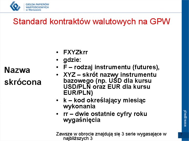 Standard kontraktów walutowych na GPW Nazwa skrócona • • FXYZkrr gdzie: F – rodzaj