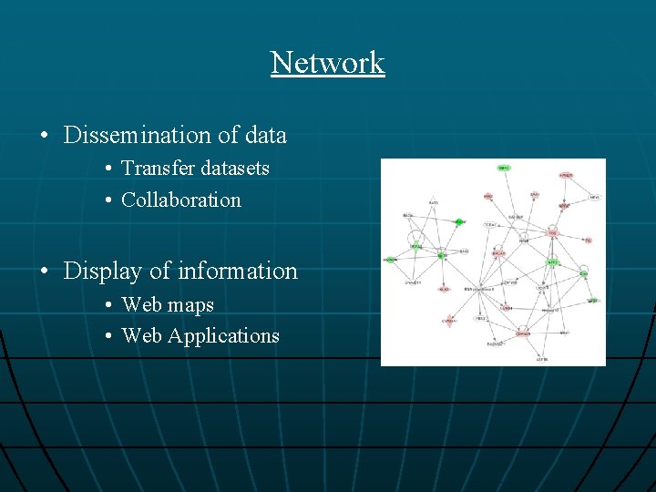 Network • Dissemination of data • Transfer datasets • Collaboration • Display of information
